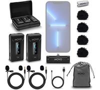 Movo WMX-2-L-DUO Double microphone Lavalier sans fil pour iPhone avec étui de chargement, micros intégrés, micros à pince, batterie 7HR, portée de 328' - Microphones iPhone pour l'enregistrement vidéo