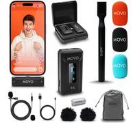 Movo WMX-2-L Microphone cravate sans fil pour iPhone/appareils Lightning avec adaptateur portatif WMX-HM - Micro cravate avec support de poignée pour créateurs de contenu, entretiens, reportages