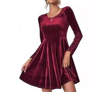 Movocaty Robe de Soirée en Velours Élégante - Robe Cocktail pour Mariage Invitée, Jupe A-Ligne Col Rond Manches Longues - Bourgogne Robe de Noël/Bal/Mariage/Cocktail