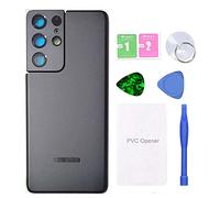 MovTEK Vitre Arriere Cache Batterie d'origine Remplacement pour Samsung S21 Ultra 5G G998B Ecran Arrière avec Lentille de Caméra et Outils - Noir Fantôme