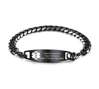 MOWOM Medical Alerte Bracelet Personnalisé Gravé Allergie La Vie Identification Nom ID pour Hommes Femmes Acier Inoxydable (Noir Couleur Plaine Étiquette & Noir Couleur Maille Gourmette Chaîne)