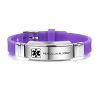 MOWOM Medical Bracelet Personnalisé Gravé Silicone Réglable Sport ID Alerte d’Identification pour Hommes Femmes Enfants en Acier Inoxydable（Violet, Penicillin Allergy）