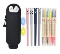 Mowtential 13 PCS 2 en 1 Trousse Scolaire en Silicone Souple Set, Trousse à Crayons Portable avec Cordon de Suspension, D'apparence Ronde et Mignonne, C'est Un Compagnon Amusant en Classe (Pingouin)
