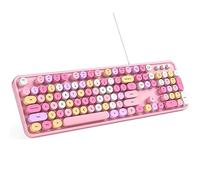 MOWUX Clavier d'ordinateur filaire, Plug and Play, clavier rond rétro USB pour machine à écrire, clavier filaire pleine taille avec supports pliables pour ordinateur portable et PC de bureau - Rose