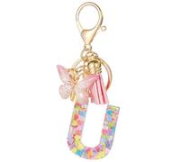 Moydolo Porte-clé lettres avec boucles pour femmes, Porte sthétique avec pompons papillon keychian lettres rose breloque