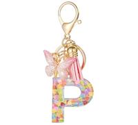 Moydolo Porte-clé lettres avec boucles pour femmes, Porte sthétique avec pompons papillon keychian lettres rose breloque