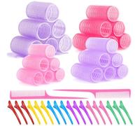 MOYKSRR 44 Pièces Bigoudis Ens, 24 Bigoudis Auto-adhésifs et 18 Clips de Bec de Canard, DIY Curling Tool pour Salon Coiffure Frisée, Sans Chaleur pour Tous Les Cheveux Courts, Moyens Ou Longs