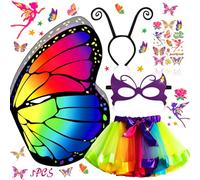 MOYKSRR 5pcs Deguisement Papillon Fille, Déguisement Carnaval Enfant, Ailes de Papillon avec Tutu Jupe, Serre-tête, Masque et Tatouages Papillon, pour Cosplay Halloween Anniversaire Fête Carnaval