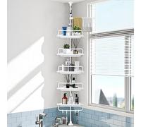 MOYKSRR Blanc Etagere Salle de Bain, Étagère Salle de Bain Télescopique, Étagère de Douche Réglable en Hauteur 100-310 cm, Acier Inoxydable sans Perçage, 5 Plateaux, 4 Crochets, 1 Porte-Serviettes