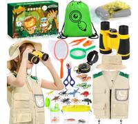 MOYKSRR Ensemble Explorateur Extérieur Jouets, Kit Aventurier Enfant avec Jumelles, Gilet Safari et Chapeau, Boussole, Boite Loupe Insecte - Cadeau de Jouets d'extérieur pour Enfants Garçons Filles