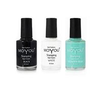 MoYou Nails set de 3 vernis à estamper: noir, blanc et bleu poudre utilisés pour créer de magnifiques motifs Nail Art