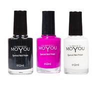 MoYou Nails set de 3 vernis à estamper: noir, blanc et razzle dazzle rose utilisé pour créer de magnifiques motifs Nail Art