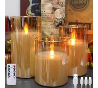MOZC Bougies LED sans flamme télécommandées, rechargeables, bougies piliers en verre avec télécommande et fonction minuterie, flamme saute pour fêtes, mariages (autonomie 200 h) (Or)