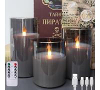 MOZC Bougies LED sans flamme télécommandées, rechargeables, bougies piliers en verre avec télécommande et fonction minuterie, flamme saute pour fêtes, mariages (autonomie 200 h) (Gris)