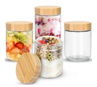 Mozvvco Lot de 4 Overnight Oats Jar 500ml, Bocaux en Verre Pot Yaourt Avoine en Verre avec Couvercles en Bois à Vis Scellés,Bocal en Verre Hermétique pour la Préparation des Repas, Yaourt, Salades