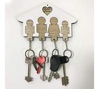 MP CREATIVE SRL Porte-clés en bois en forme de maison - Idée cadeau parfaite pour la famille - Idée cadeau de Noël et de Saint Valentin - Idéal pour décorer votre maison (4 places blanc-couleur bois)