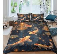 MPASHJHCV Imprimé en 3D Bassin à carpes koï Taie de Couette Linge de lit avec taie d'oreiller Luxe scène Aquatique Nocturne Housse pour Couette Qualité pour familles Parents Couples Double（200x200cm）
