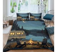 MPASHJHCV Imprimé en 3D Scène de Nuit Autour du feu de Camp Couverture Housse Linge de lit avec taie d'oreiller Camping-Car rétro Housse de Couette Léger pour étudiants célibataires Single（140x200cm）