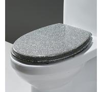 MPENGOZ Abattant WC Rond en résine avec Couvercle pailleté, Fermeture Lente, kit de Fixation Inclus, Compatible avec la Plupart des WC U/V/O Standard, Fermeture silencieuse/argen
