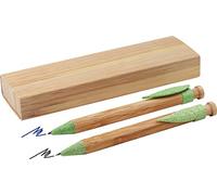 MPM Lot de 2 stylos à bille et crayons en bambou avec clip de paille de blé dans une boîte en papier, encre bleue et crayon, bois clair/vert, boîte cadeau EKO