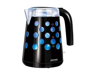 MPM MCZ-86/C Bouilloire Électrique 1,7 L, Récipient en Plastique sans BPA, sans Fil 360°, Arrêt Automatique, Intérieur Éclairé, Noir, 2200W