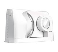 MPM MKR-05 Trancheur électrique Pliant, Trancheur à Pain, Epaisseur de Coupe Ajustable jusqu'à 15mm, Protège-doigts, Disque de Coupe en Acier Inoxydable 17 cm, 150W, Blanc