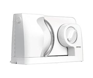 MPM MKR-05 Trancheur électrique Pliant, Trancheur à Pain, Epaisseur de Coupe Ajustable jusqu'à 15mm, Protège-doigts, Disque de Coupe en Acier Inoxydable 17 cm, 150W, Blanc