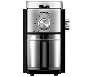 MPM MMK-08 Moulin à Café Professionnel, Système de Meules en Acier, Broyeur 17 Réglages de Mouture, 80g /min Café pour Toutes les Cafetières, Sélecteur de Quantité 2 à 12 Tasses, Capacité 350g, 150W