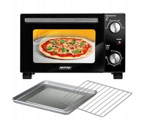 MPM MPE-13 Mini four autoportant, 10 l, avec chaleur voûte/inférieure, avec plaque de cuisson et grille, réglage de la température sur 4 niveaux de 90 à 230 °C, avec bouton rotatif, petit format, noir