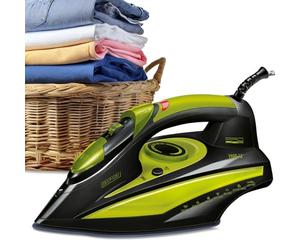 MPM MZE-04/C Fer à Repasser à Vapeur, Semelle Céramique, Vapeur Verticale, Steam Knock, Autonettoyant, Anti-goutte, 7 Fonctions, Réservoir 330 ml, Arrêt Automatique, 2800 W Noir/Vert