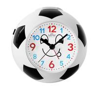 MPM Quality Réveil Design pour Enfant, Plastique, Motif Football et Sourire, Blanc/Noir, Balayage à Quartz, mélodie du Son de l'alarme au Choix extérieur, analogique, Alarme puissante, décoration de
