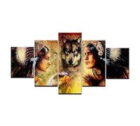 MPPSU Affiches Murales Indiens Et Loups Tableaux, Posters et Arts Décoratifs Tableau Cuisine Decoration Murale Salon Moderne Impressions Sur Toile Intissee 5 Pièces Avec Cadre 150x80cm