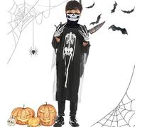 MPQDFG Vêtements Fantômes De Crâne d'Halloween Noirs, Gants De Crâne, Masque Et Faux Couteau, Halloween Pour Enfants, Carnaval De Fête d'Halloween-Cadeau Pour Enfants (90cm)