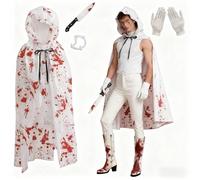 Mprocen Costume de cape d'horreur d'Halloween pour enfants, cape blanche à capuche blanche avec motif tache de sang rouge, tatouage, gants, costume de vampire effrayant, parfait pour Halloween