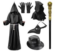 Mprocen Costume de docteur de la peste pour adultes - Déguisement gothique médiéval steampunk avec masque en cuir, longue cape et gants noirs, accessoires d'Halloween et de cosplay, tenue de fête
