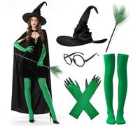Mprocen Costume de sorcière mystique - 6 pièces - Cape à capuche avec chapeau, manche à balai, gants à griffes - Costume exclusif de jeu de rôle pour adulte