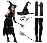 Mprocen Ensemble d'accessoires de chapeau de sorcière d'Halloween - 5 pièces - Accessoires de costume de magicien - Avec chapeau pointu - Gants longs et bas - Convient pour les jeux de rôle