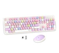 MPTOG Clavier d'ordinateur sans fil coloré et souris avec touches rondes pour machine à écrire, design rétro, interrupteur d'alimentation, design ergonomique, sans fil 2,4 GHz pour Windows, Mac, PC