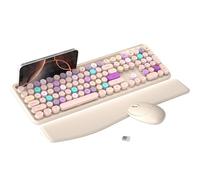 MPTOG Ensemble clavier et souris d'ordinateur sans fil coloré avec support de téléphone, repose-poignet, touches de machine à écrire, sans fil 2,4 GHz, souris optique pleine taille pour PC et