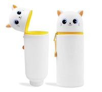 MPXEAVG Trousse Ecole 2 en 1 en Silicone Souple, Trousse Silicone Verticale, Panda Pochette de Stylo, Fermeture à Glissière, pour Fournitures Scolaires de Grande Capacité (Chat Blanc)