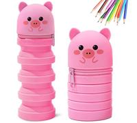 MPXEAVG Trousse Ecole 2 en 1 en Silicone Souple, Trousse Silicone Verticale, Panda Pochette de Stylo, Fermeture à Glissière, pour Fournitures Scolaires de Grande Capacité (Cochon Rose)