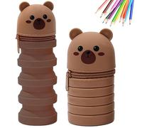 MPXEAVG Trousse Ecole 2 en 1 en Silicone Souple, Trousse Silicone Verticale, Panda Pochette de Stylo, Fermeture à Glissière, pour Fournitures Scolaires de Grande Capacité (Ours)