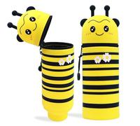 MPXEAVG Trousse Ecole 2 en 1 en Silicone Souple, Trousse Silicone Verticale, Panda Pochette de Stylo, Fermeture à Glissière, pour Fournitures Scolaires de Grande Capacité (Abeille)