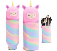 MPXEAVG Trousse Ecole 2 en 1 en Silicone Souple, Trousse Silicone Verticale, Panda Pochette de Stylo, Fermeture à Glissière, pour Fournitures Scolaires de Grande Capacité (Licorne Rose)