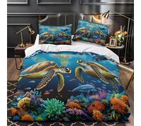 MQBASHIRP des Tortues Marines nagent 3D Imprimé Drap de Couette Microfibre éclair caché sous-Marin Marin Housse de Couette 2 taies résistante Famille invités Super King（260x220cm）