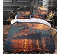 MQBASHIRP Navire de croisière Vintage 3D Imprimé Housse de Couette 3 pièces Microfibre résistante paquebot Historique Drap de Couette 2 taies Lavable Machine garçons Enfants Single（140x200cm）