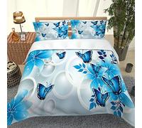 MQBHJI Housse De Couette 200 X 200 CM - Parure De Lit 2 Personnes - Housse Couette 3D Papillon Fleur Bleu avec Fermeture Éclair - Sets De Housse Couette Imprimé avec 2 Taies d'oreiller 65X65 CM