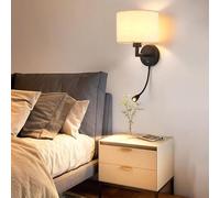 MQDLJSE Applique Murale LED d'intérieur avec col de Cygne réglable, projecteur, Port de Chargement USB, Abat-Jour en Lin, Rotation à 360°, Interrupteur à Bouton, en Fer, pour Salon ou Cham