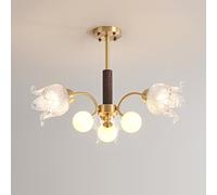 MQDLJSE Lustre en Verre Laiteux à 6 lumières en Laiton brossé doré, Semi-encastré, Style Ferme, Suspension Vintage en Bois pour Chambre à Coucher, Table à Manger, Salon, îlot de Cuisine