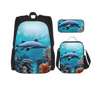 MQGMZ Beau monde sous-marin dauphins corail imprimé sac à livres grande capacité ensemble léger ordinateur portable crayon sac à déjeuner isotherme, noir, One Size